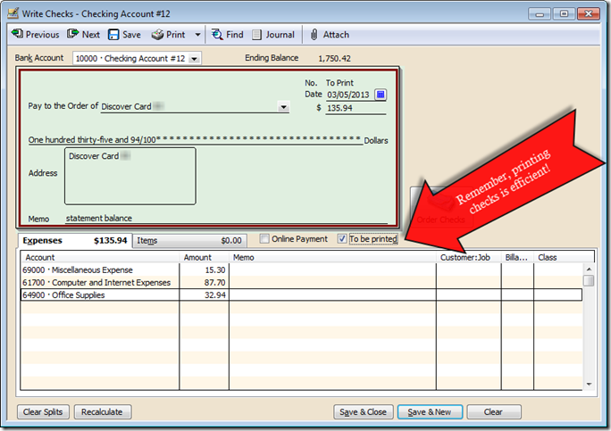 QuickBooks check window for Record Expenses on Check Method